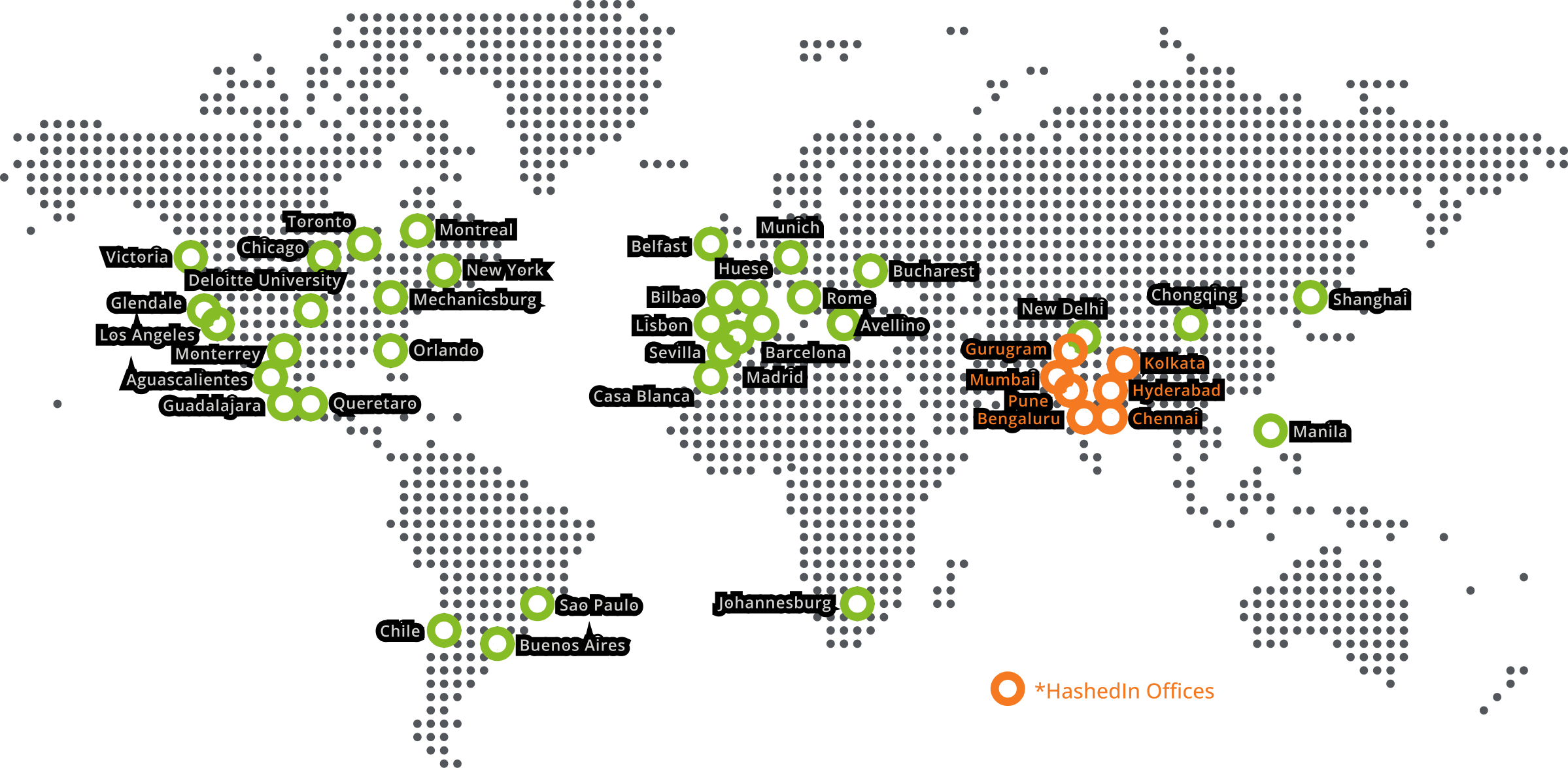 Global Presence Map showing HashedIn offices and client locations worldwide